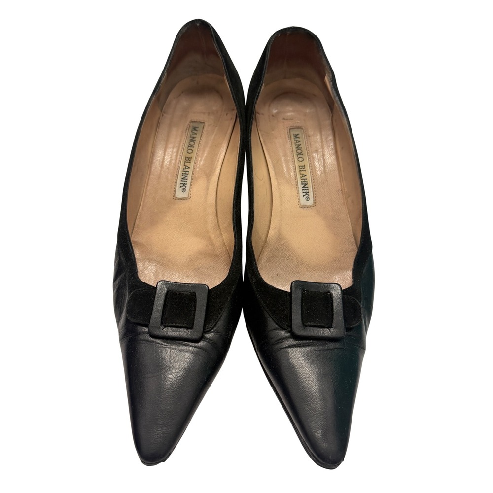 Manolo Blahnik Black Leather Suede Buckle Pointed Toe Kitten Heels Size 38